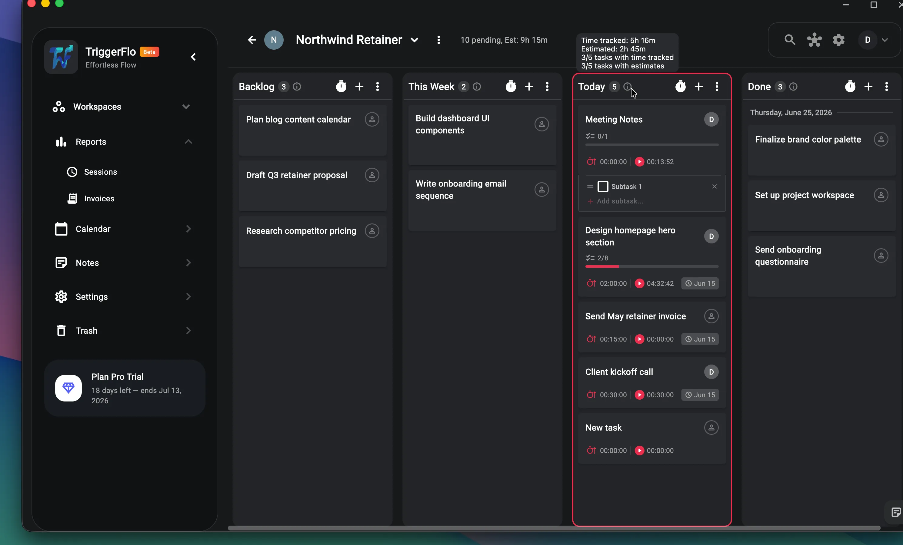 TriggerFlo project board showing cards with estimates, tracked time, subtask progress and due dates.