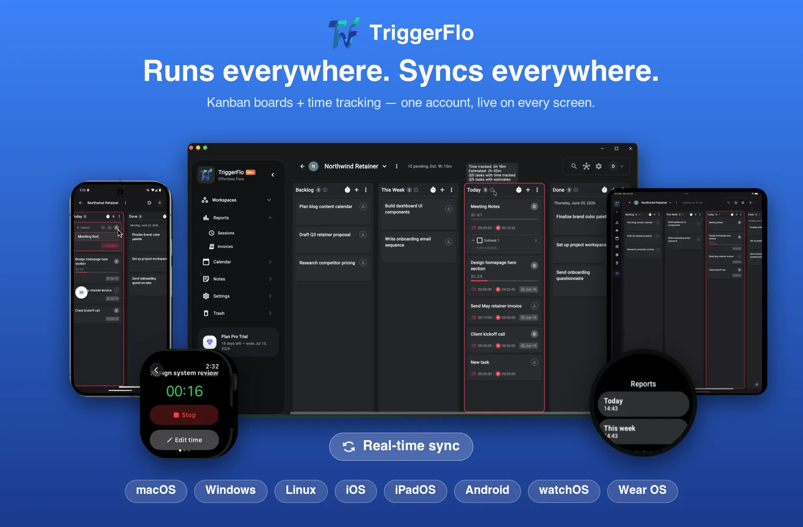 TriggerFlo running on macOS, Windows, Linux, iOS, Android and a smartwatch.