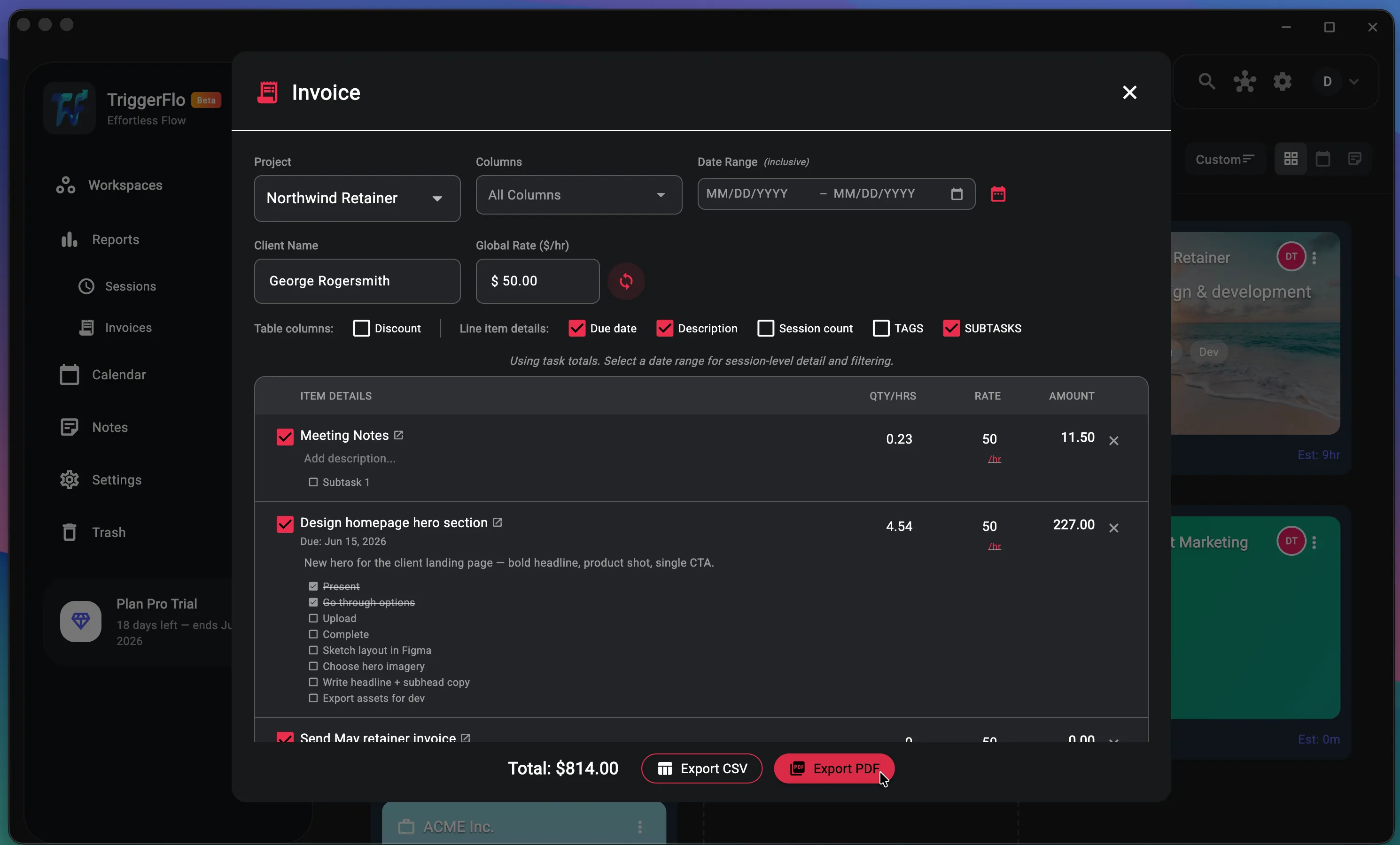 A TriggerFlo invoice generated from tracked time, itemised by task with hours and rates.